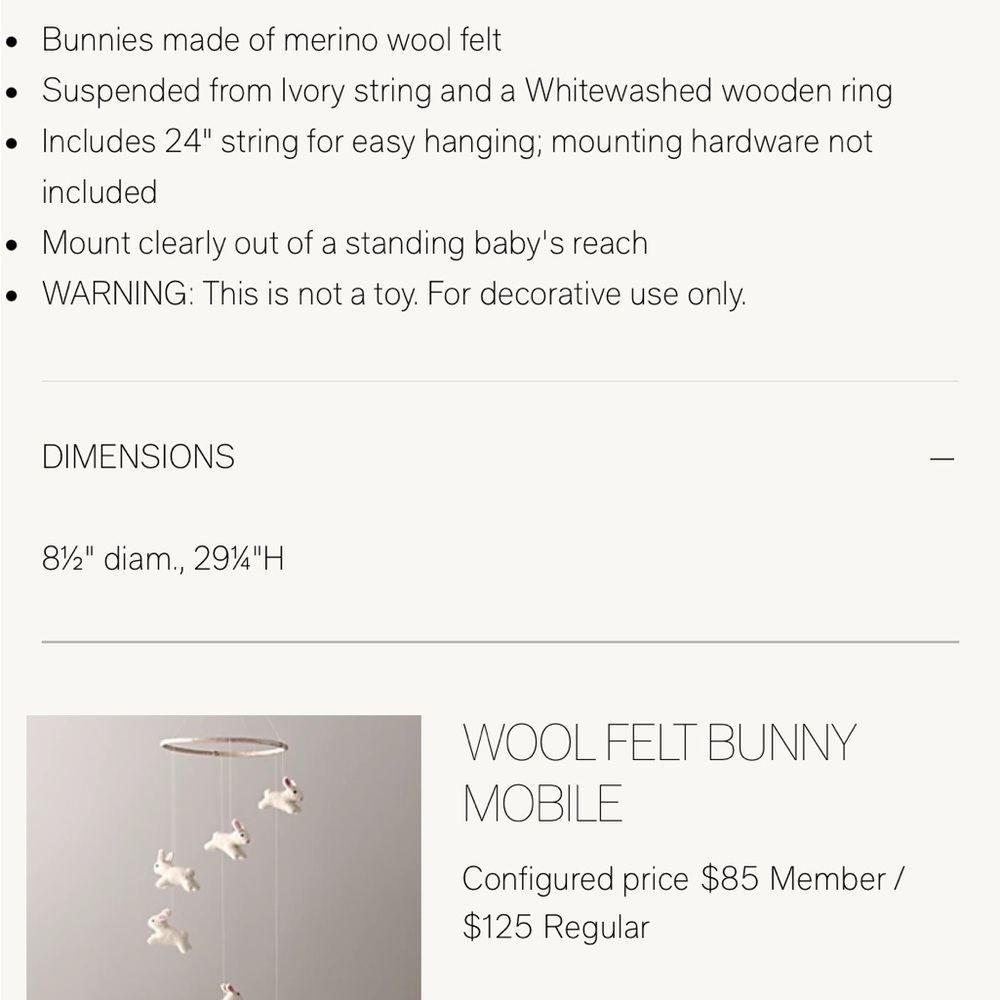 Restoration hardware baby and child felt bunny mobile - Picture 3 of 4